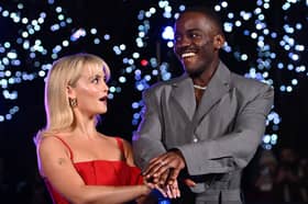 Doctor Who's Millie Gibson and Ncuti Gatwa switch on the lights at the London Eye. (Photo by Kate Green/Getty Images)