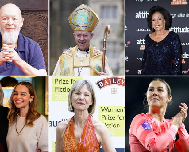 Clockwise from top left, Glastonbury Festival founder Michael Eavis, Archbishop of Canterbury Justin Welby, singer Shirley Bassey, England goalkeeper Mary Earps, novelist Kate Mosse and Game of Thrones actor Emilia Clarke with her mother Jenny. All have been honoured in the New Year list Pictures: PA  