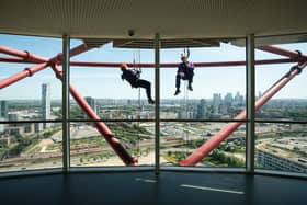 Bankers abseil down the ArcelorMittal Orbit to raise funds for The Royal Marsden Cancer Charity in 2019. (Photo by Getty)