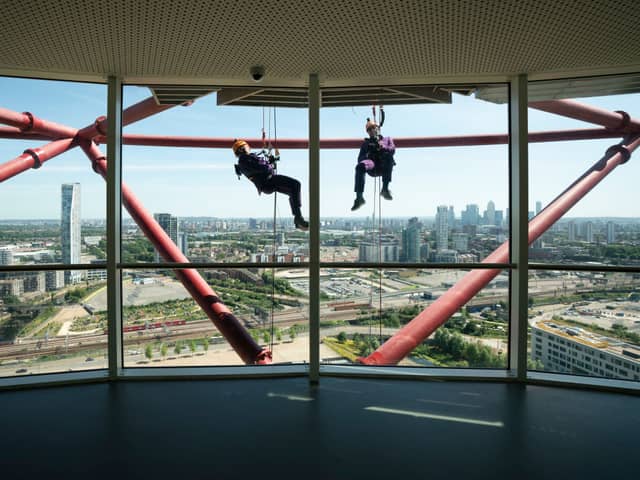 Bankers abseil down the ArcelorMittal Orbit to raise funds for The Royal Marsden Cancer Charity in 2019. (Photo by Getty)