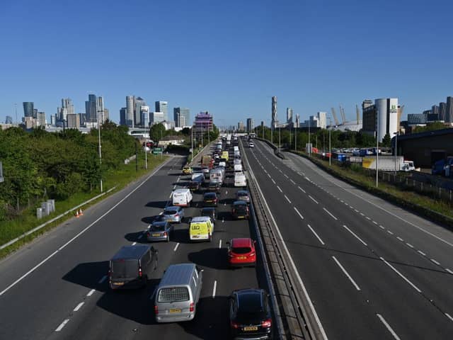 Heavy traffic queues on the approach to enter the Blackwall Tunnel in 2020. (Photo by Glyn KIRK / AFP via Getty Images)