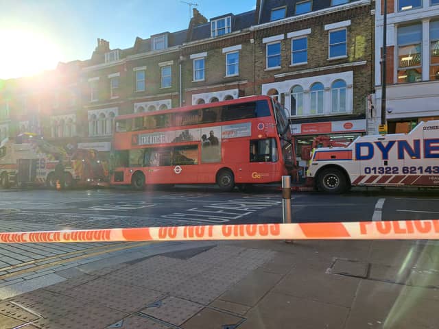 The electric bus which caught fire in Wimbledon. (Photo by Ruben Bennett)
