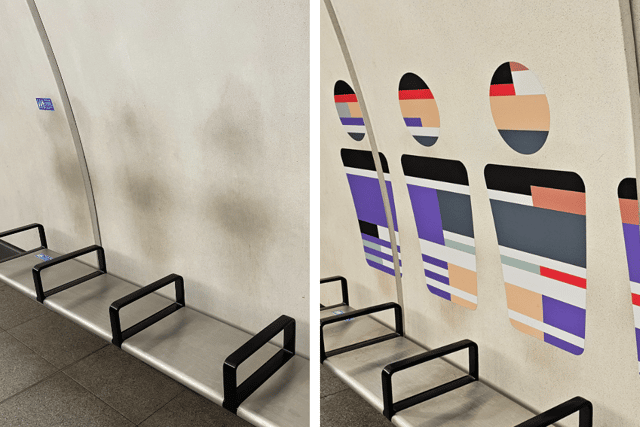 A "vinyl covering" design trialled by TfL at Liverpool Street Elizabeth line station to cover 'ghost marks'. (Photo by ianvisits.co.uk/Noah Vickers/Local Democracy Reporting Service)
