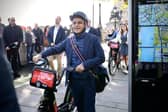 The mayor of London tried one of the Santander e-bikes