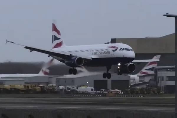 A British Airways Airbus A320neo landing at London Heathrow during Storm Isha's 90mph winds on January 21 2024. (Photo by BIGJET TV / SWNS)