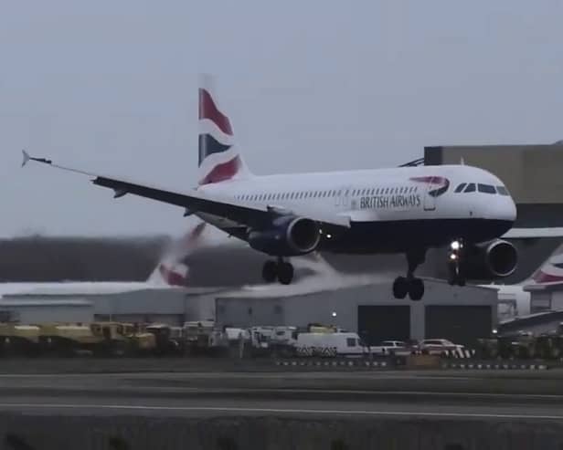 A British Airways Airbus A320neo landing at London Heathrow during Storm Isha's 90mph winds on January 21 2024. (Photo by BIGJET TV / SWNS)