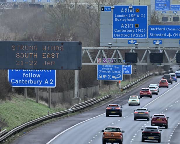 Warnings for strong winds are displayed to traffic using the M25 motorway, near Swanley, south of London on January 21, 2024. Amber warnings for wind were in place in the UK as Storm Isha approached. (Photo by BEN STANSALL/AFP via Getty Images)