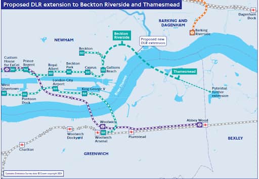 The proposed DLR extension to Beckton Riverside and Thamesmead