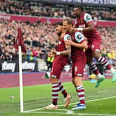 Lucas Paqueta, Tomas Soucek and Mohammed Kudus celebrate West Ham's first goal vs Nottingham Forest