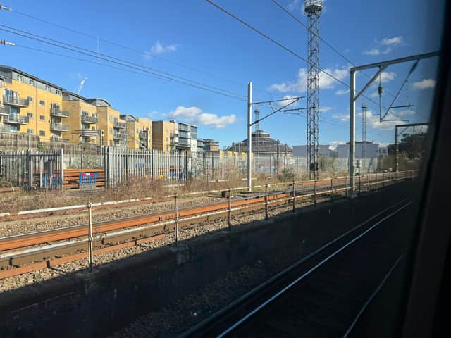 The Roundhouse in Camden, seen from a train out of Euston. (Photo by André Langlois) 