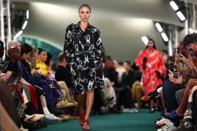 British model Adwoa Aboah presents a creation during a catwalk presentation for British fashion house Burberry's Spring/Summer 2024 collection, at London Fashion Week in London, on September 18, 2023. (Photo by HENRY NICHOLLS/AFP via Getty Images)