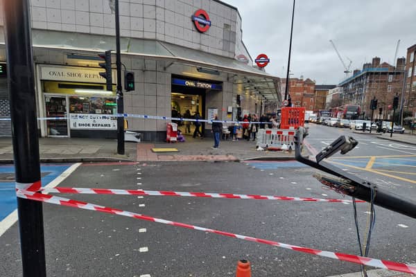 The scene of a crash involving a London bus and a Met Police van at Oval station.
