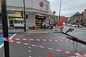 The scene of a crash involving a London bus and a Met Police van at Oval station.