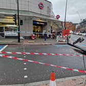 The scene of a crash involving a London bus and a Met Police van at Oval station.