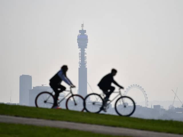 The BT Tower on the London skyline from Primrose Hill. (Photo by JUSTIN TALLIS / AFP via Getty Images)
