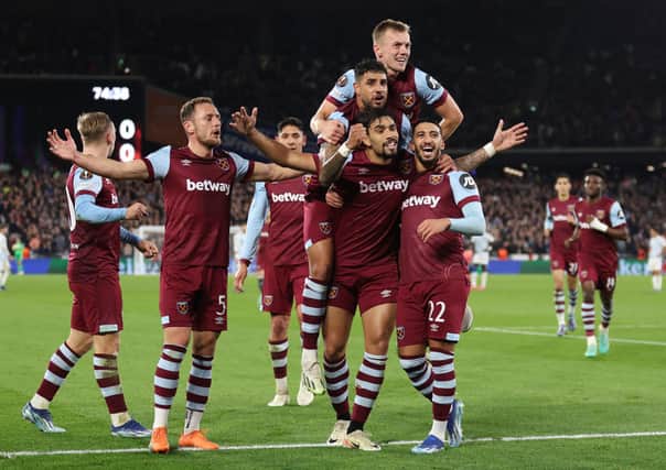West Ham celebrate Lucas Paqueta's goal against Olympiacos in the Europa League
