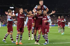 West Ham celebrate Lucas Paqueta's goal against Olympiacos in the Europa League