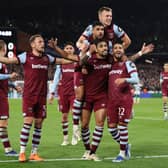 West Ham celebrate Lucas Paqueta's goal against Olympiacos in the Europa League