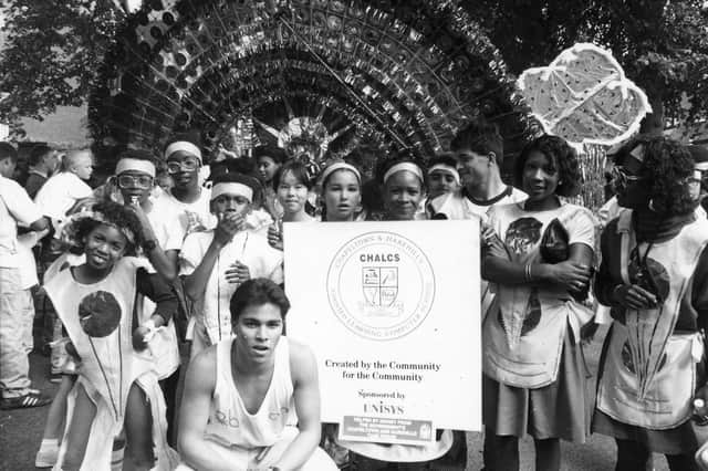 Students from CHALCS taking part in the annual Leeds West Indian Carnival in August 1989. CHALCS stands for the Chapeltown and Harehills Assisted Learning Computer School found by Mr. B.T. Braimah. Based at Technorth in Harrogate Road, it aimed to give children tuition in computing and new techology in school holidays and at weekends.
