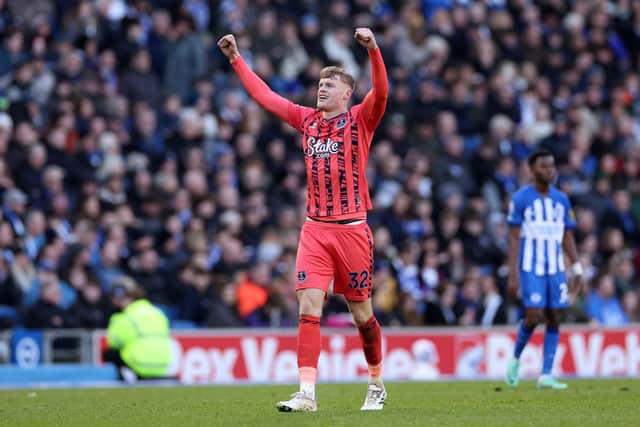 Everton's Jarrad Branthwaite celebrates scoring his team's goal against Brighton