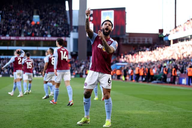 Douglas Luiz celebrates scoring his side's third goal against Nottingham Forest
