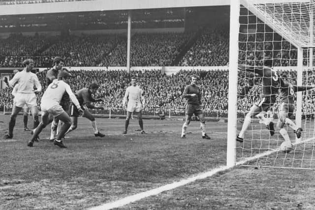 Chelsea and Leeds United in action in the first of the two 1970 finals.