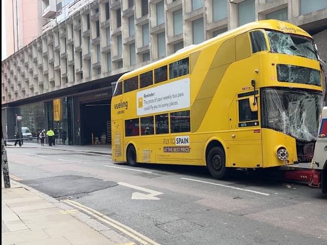 A London bus that crashed into a pub in New Oxford Street.
