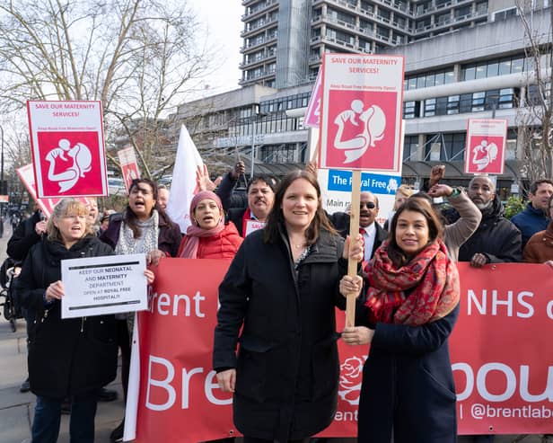 Tulip Siddiq MP and Anne Clarke AM protesting against the proposed closure of maternity services at the Royal Free Hospital in Hampstead, Camden.
