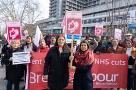Tulip Siddiq MP and Anne Clarke AM protesting against the proposed closure of maternity services at the Royal Free Hospital in Hampstead, Camden.