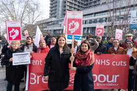 Tulip Siddiq MP and Anne Clarke AM protesting against the proposed closure of maternity services at the Royal Free Hospital in Hampstead, Camden.