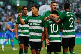 Sporting Lisbon celebrate scoring in Cinco Violinos Trophy