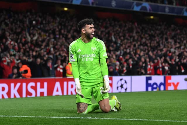 David Raya pictured celebrating after saving the winning penalty