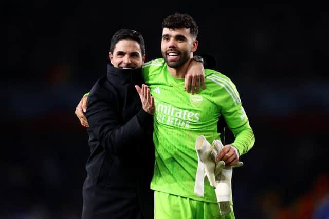 Mikel Arteta and David Raya celebrate last 16 win over Porto