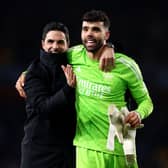 Mikel Arteta and David Raya celebrate last 16 win over Porto