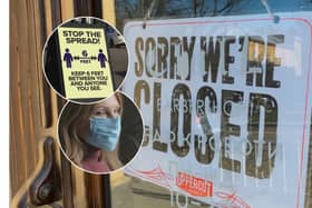 Remembering the first Covid lockdown four years on. A 'closed' sign from when all non-essential retailers were ordered to shut. Inset: Social distancing measures were in place to stop the spread of Covid-19 and below: A woman wears a mask to protect herself and others from spreading the virus. 