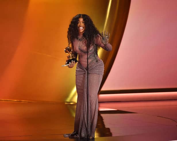 US singer SZA accepts the Best R&B Song award for Snooze at the Grammy Awards in on February 4, 2024.
