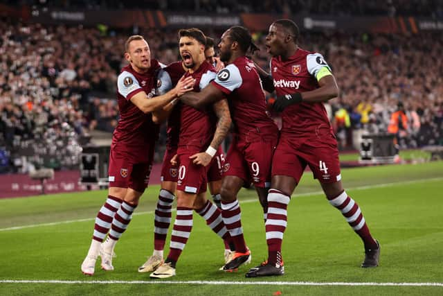 Lucas Paqueta celebrates scoring the Hammers' first goal against Freiburg