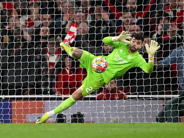David Raya in action for Arsenal against Porto, saving match-winning penalty.