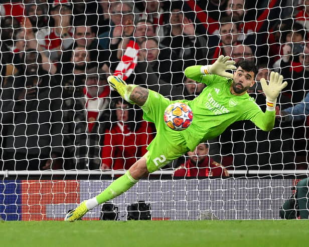 David Raya in action for Arsenal against Porto, saving match-winning penalty.