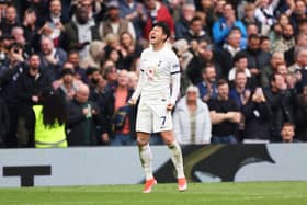 Son Heung-Min celebrates scoring Tottenham's winner against Luton.