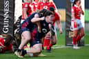 Hannah Botterman celebrates England's third try of the match as the Red Roses beat Wales 46-10