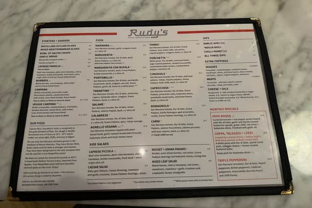 The Rudy's Pizza menu from the Spitalfields restaurant - March 2024.