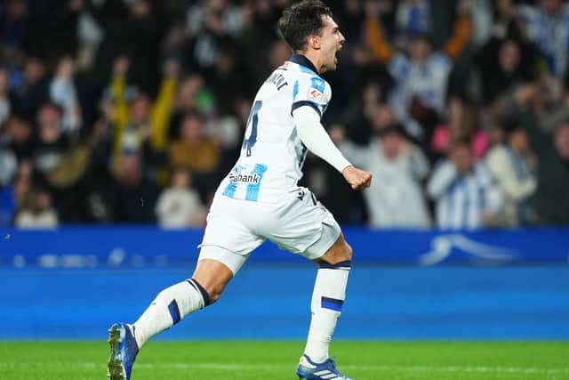 Zubimendi celebrates scoring for Real Sociedad vs Deportivo Alaves