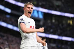 Micky van de Ven of Tottenham Hotspur celebrates scoring his team's second goal against Nottingham Forest.