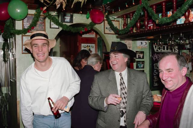 Wimbledon's Vinnie Jones with manager Joe Kinnear and kit manager Joe Dillon at the 1994 Wimbledon FC Christmas party at Volleys in December 1994.