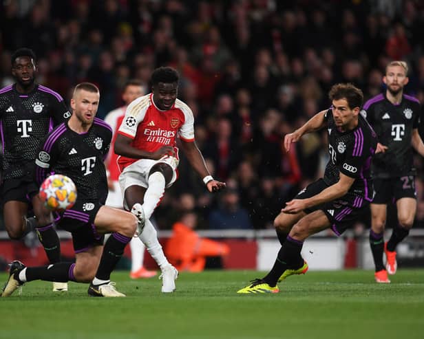 Bukayo Saka scores for Arsenal in Champions League quarter-final first leg