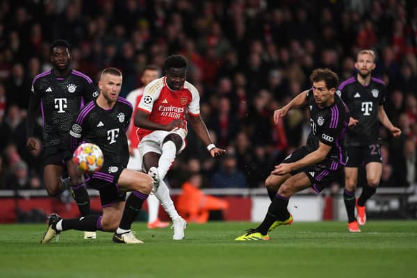 Bukayo Saka scores for Arsenal in Champions League quarter-final first leg