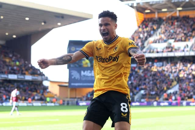 Wolves star Joao Gomes celebrates after his club score against West Ham