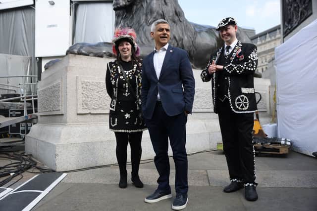 Sadiq Khan with a Pearly King and Queen