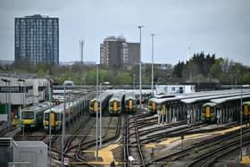 Southern Rail trains in sidings at the Selhurst railway depot. 